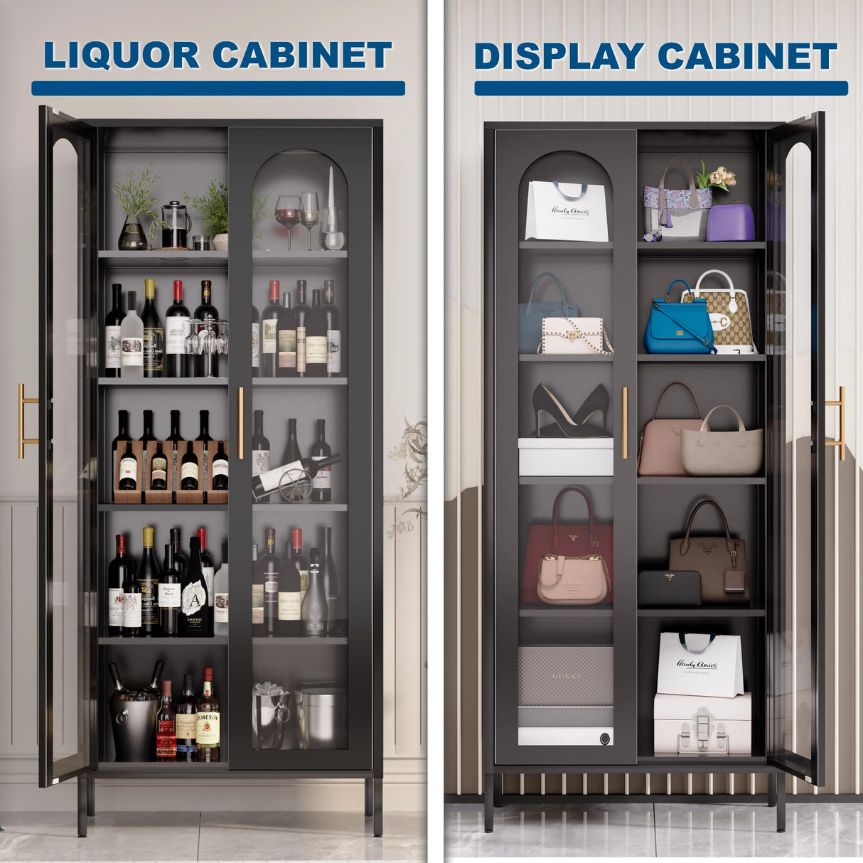 YILFANA 71" Tall Glass Display Case, Curio Cabinet with Adjustable Shelves, Metal Bookcase for Kitchen Pantry, Office, Bathroom - Black YILFANA