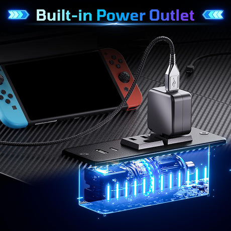 Bestier Gaming Desk with Power Outlets, 42" L-Shaped Gaming Desk with LED Lights, Desk with Reversible Storage Shelves & Hooks for Small Spaces, Bedrooms & Offices, Black Carbon Fiber Bestier