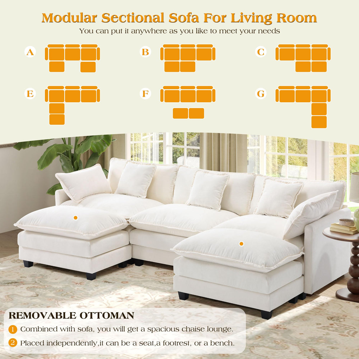 113.4" Modular Sectional Sofa,U Shaped Couch for Living Room,Modern Deep Seat Sofa 3 Seater Chenille Fabric Comfy Cloud Couches with Throw Pillows & Movable Ottoman Hanherry