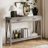 ChooChoo 47'' Farmhouse Console Table with Drawer, Entryway Table with Storage Shelf, Rustic A-Design Sofa Table for Hallway, Entrance, Living Room, Grey ChooChoo