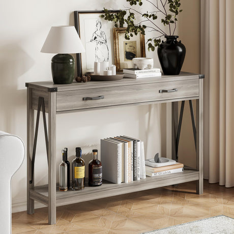ChooChoo 47'' Farmhouse Console Table with Drawer, Entryway Table with Storage Shelf, Rustic A-Design Sofa Table for Hallway, Entrance, Living Room, Grey ChooChoo