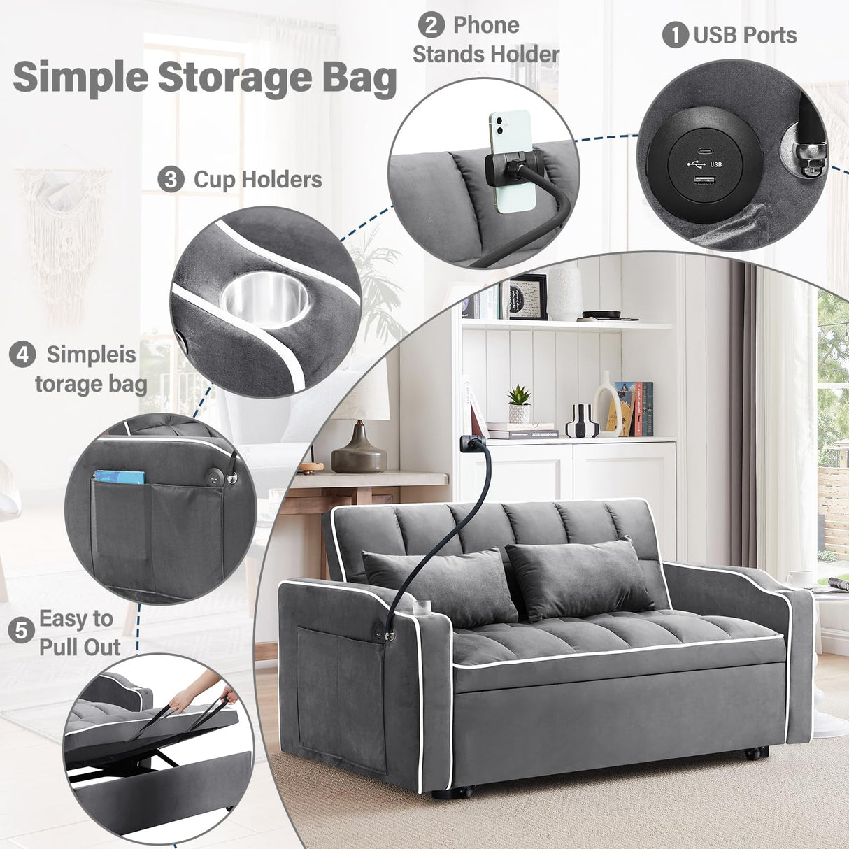 Convertible Sofa Bed,3-in-1 Velvet Sleeper Couch Pull-Out Bed,55'' Loveseat Sleeper Sofa Bed with Adjustable Backrest with 2 Pillows and Storage Bag & USB Port and Swivel Phone Stand,Dark Gray WIIS' IDEA