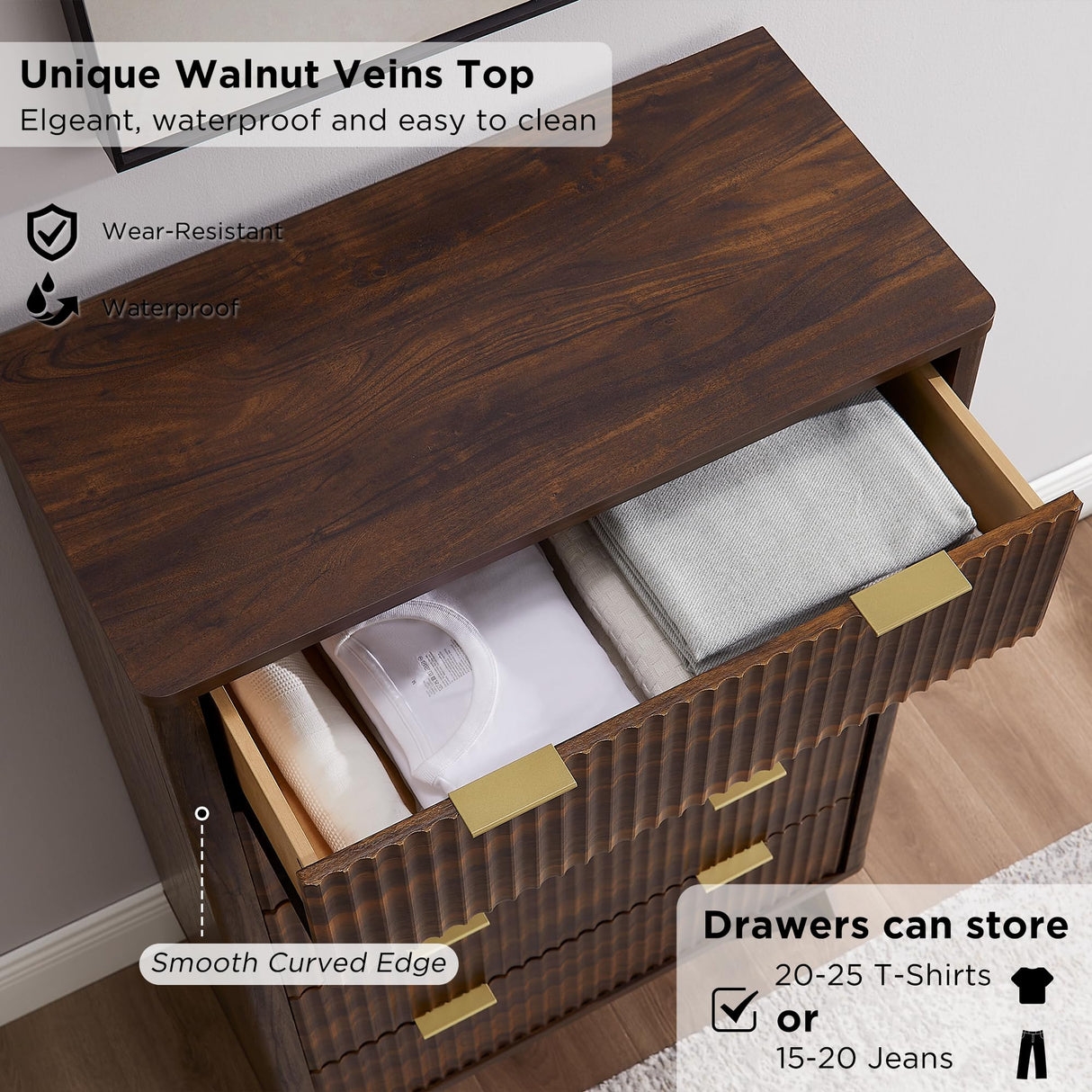 T4TREAM Fluted 5 Drawers Dresser, 48" Tall Modern Chest of Drawers, Curved Profile Design, Wood Drawer Organizer for Bedroom, Living Room, Hallway, Entryway, Dark Walnut T4TREAM