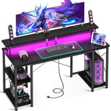 ODK 55 inch Gaming Desk with LED Lights & Power Outlets, Computer Desk with Monitor Stand & Storage Sheves, CPU Stand, Home Office Desk, Black ODK