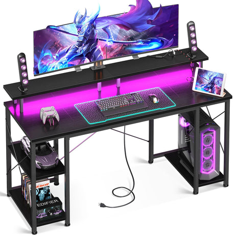 ODK 55 inch Gaming Desk with LED Lights & Power Outlets, Computer Desk with Monitor Stand & Storage Sheves, CPU Stand, Home Office Desk, Black ODK