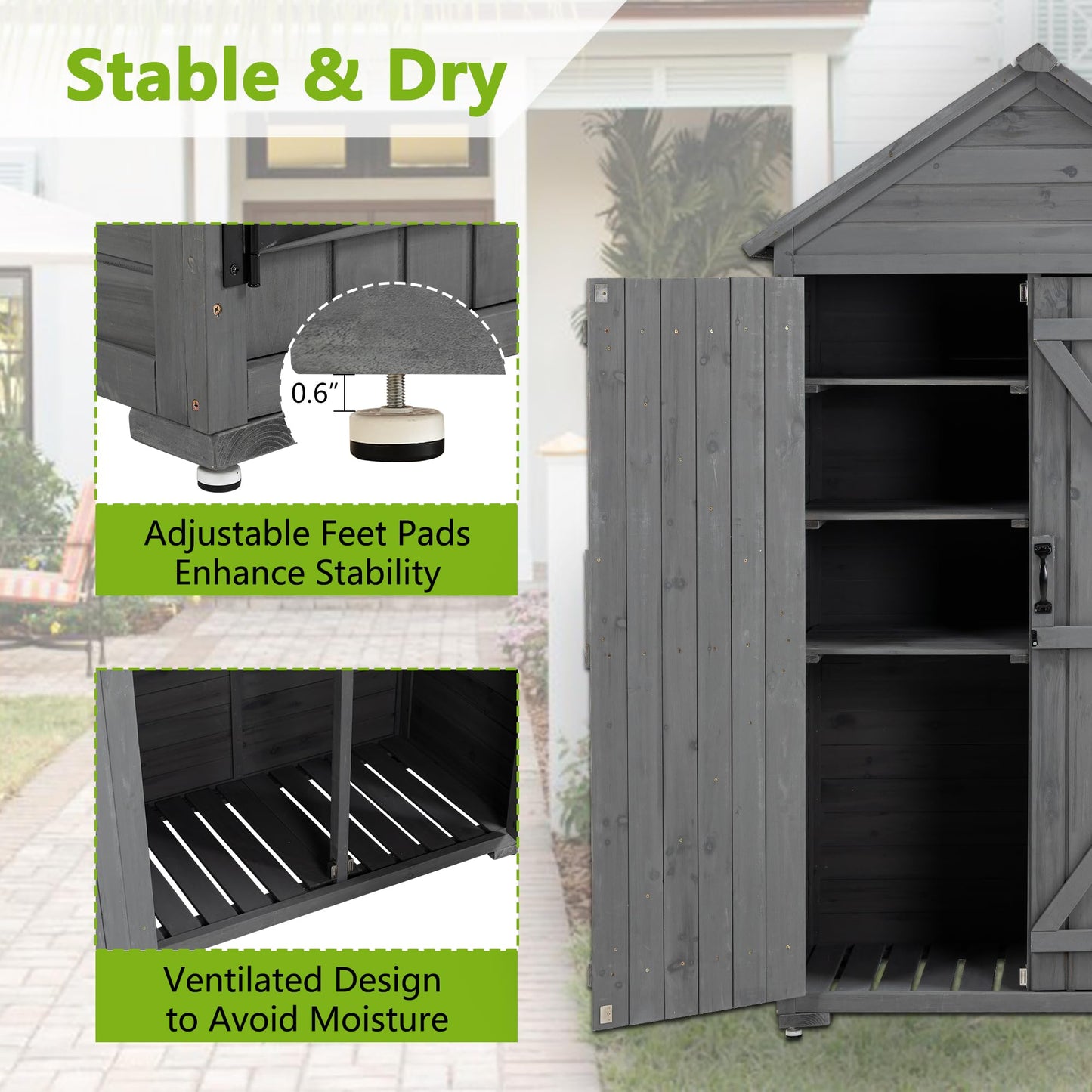 Wooden Outdoor Shed, Outdoor Storage Cabinet with Shelves, Garden Tools Shed with 2 Lockable Doors, Vertical Sheds for Yard Patio Lawn Deck Porch (Gray)