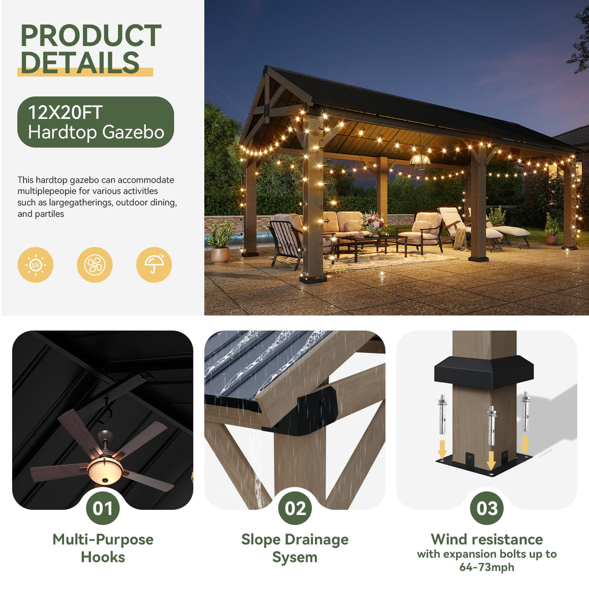 Aoxun 12' x 20' Outdoor Wood Gazebo, Hardtop Gazebo Permanent Wooden Pavilion with Galvanized Steel Gable Roof, for Patio, Garden, Deck, Cedar Wood Aoxun