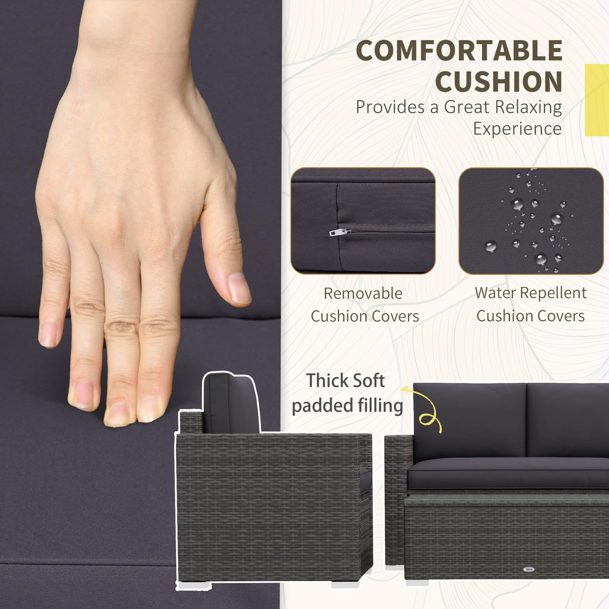 Outsunny 4 Piece Wicker Patio Furniture Set with Cushions, Outdoor Sectional Furniture with 2 Sofa, Loveseat, and Glass Top Coffee Table, Conversation Sofa Sets for Garden, Gray Outsunny