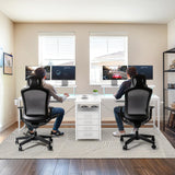 DOMICON 2 Person Desk with Power Outlet & LED Lights, Extra Long 94.5 Inch Computer Desk with Storage Shelves and Monitor Stand for Home Office, Double Gaming Desk, White DOMICON