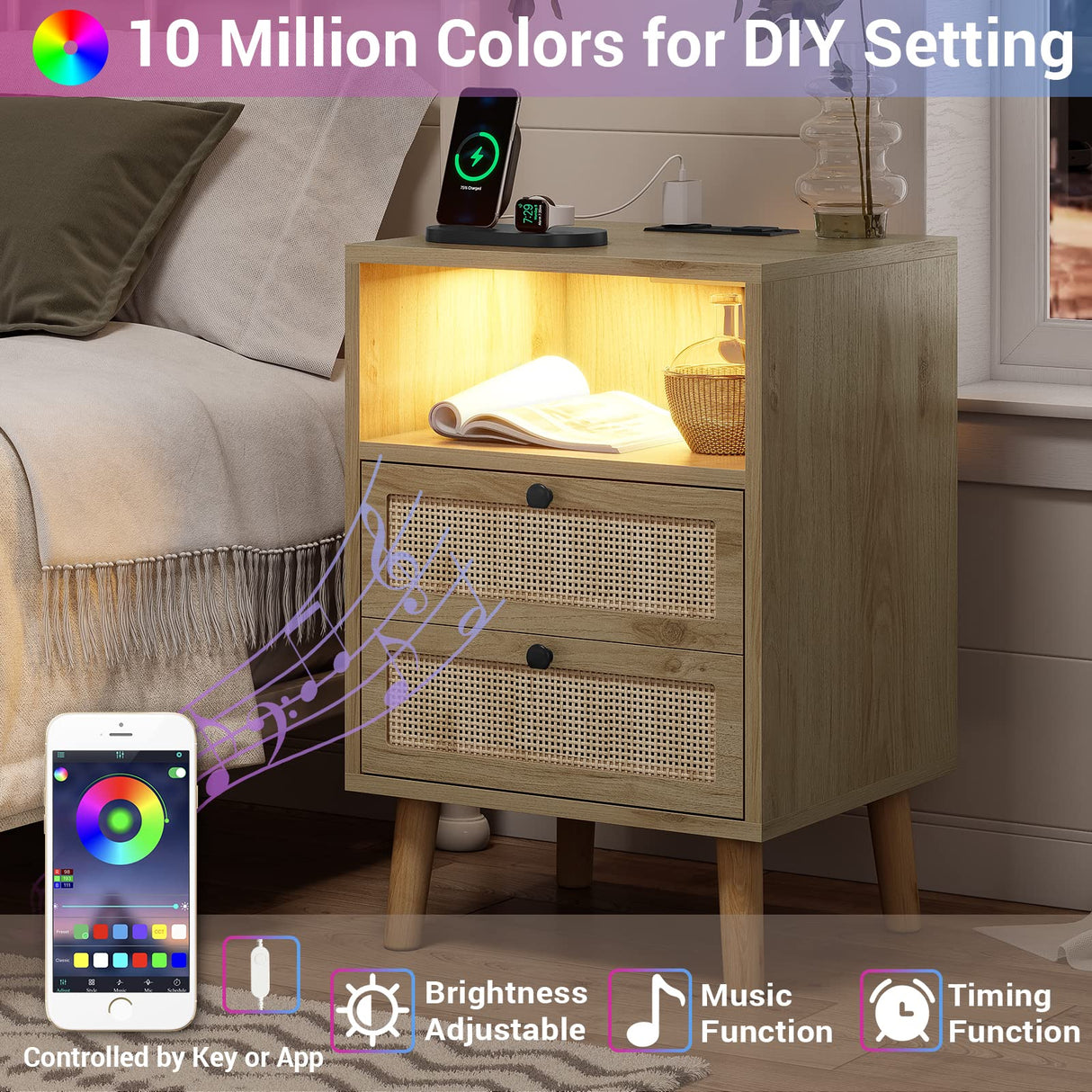 AOGLLATI Rattan Nightstands Set of 2, with Charging Station and LED Lights, Bed Side Tables with 2 Drawers and Open Storage, End Tables, Wood Night Stands for Bedroom, Natural AOGLLATI