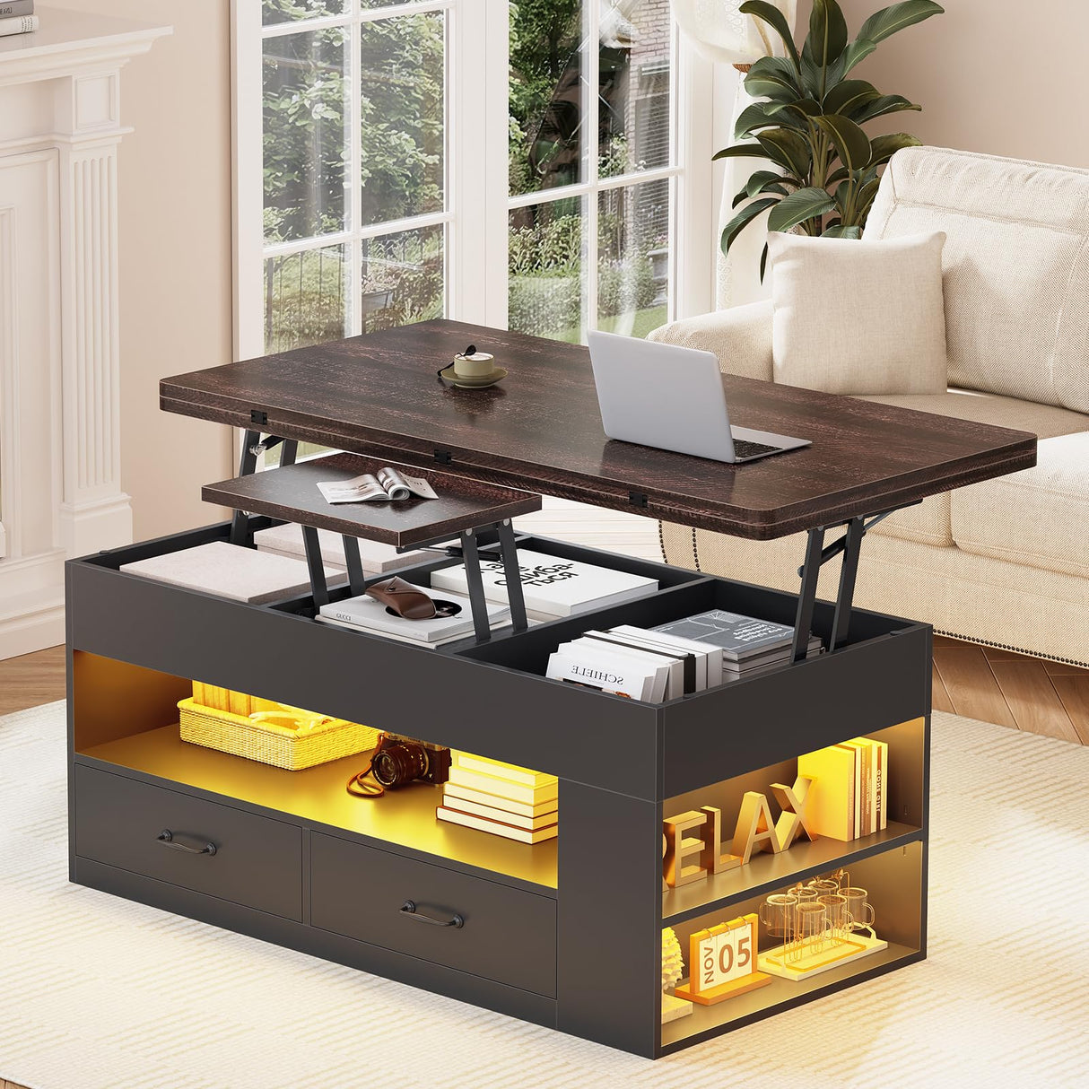 Itaar Lift Top Coffee Table, 4 in 1 Coffee Tables with Storage and Hidden Compartment, Farmhouse Coffee Table with 2 Fabric Drawers & LED Light for Living Room, Black Itaar