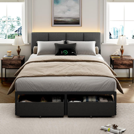 Furnulem Full Size Bed Frame with Headboard,Upholstered Bed Full with LED Light,USB Charging Station,Platform Bedframe with 2 Fabric Underbed Storage Drawers,No Spring Box Needed Furnulem