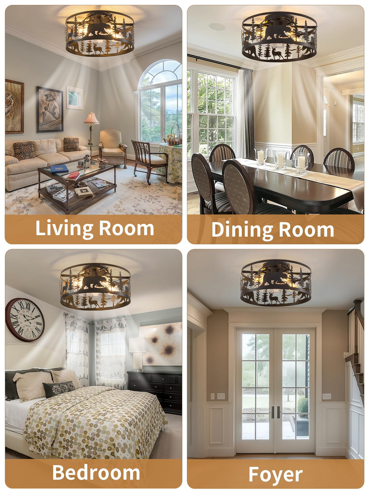 YEDAORL Farmhouse Caged Ceiling Fans with Lights and Remote Control,Rustic Black Chandelier Fan with Bear Deer Design,Flush Mount Low Profile Fandelier for Bedroom,Dining Living Room,Foyer YEDAORL