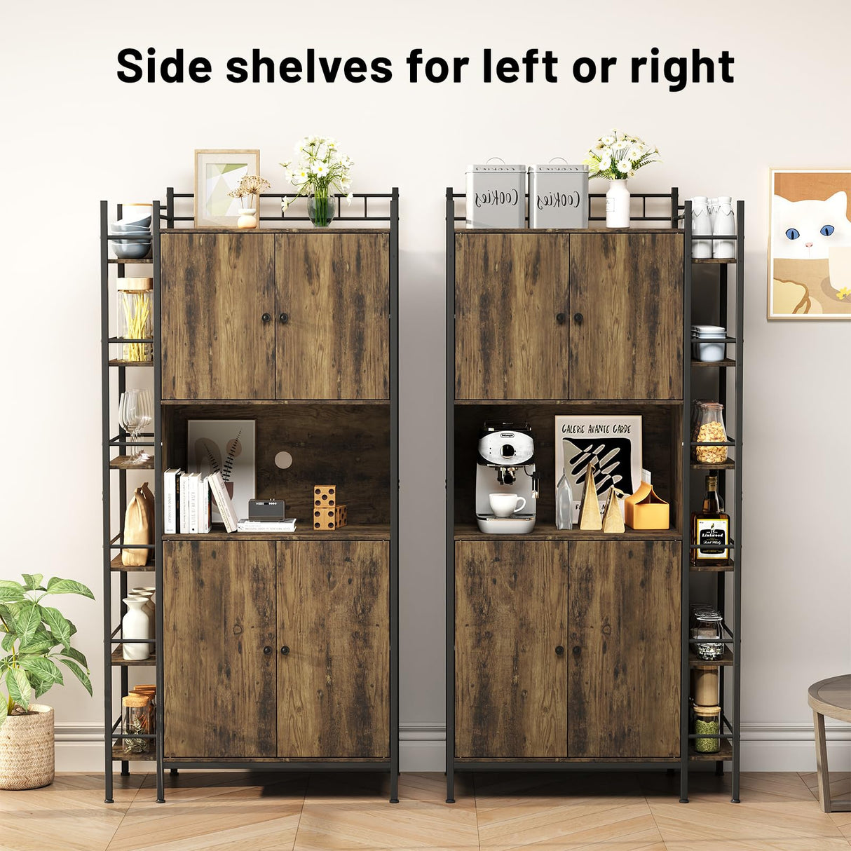 Seeday Industrial Style Kitchen Pantry Storage Cabinet, Brown Tall Kitchen Hutch with Microwave Stand, Food Pantry Cabinet with Side 6 Shelves and 2 Doors for Dining Room, Living Room Seeday