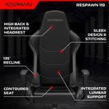 RESPAWN 110 Gaming Chair - Gamer Chair PC Computer Chair, Ergonomic Gaming Chairs, Office Chair with Integrated Headrest, Gaming Chair for Adults 135 Degree Recline with Angle Lock - Gray RESPAWN