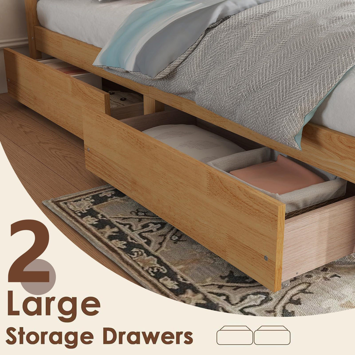 HRVEOCEI Boho Bed Frame Full with Rattan Headboard, Rattan Bed Frame & Full Beds Frames with Wood Legs, Solid Wood Beds Frames with Storage Underneath,Easy Assembly (White Oak, Full) HRVEOCEI