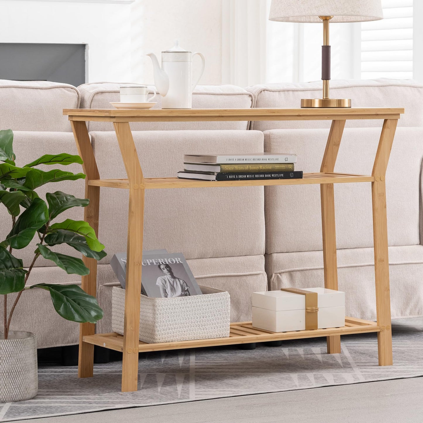 Nnewvante Bamboo Console Table Behind Couch, Entryway Table with Shelves, 3 Tier Narrow Sofa Table for Hallway, Living Room, Foyer 38.6"x11.8" - WoodArtSupply