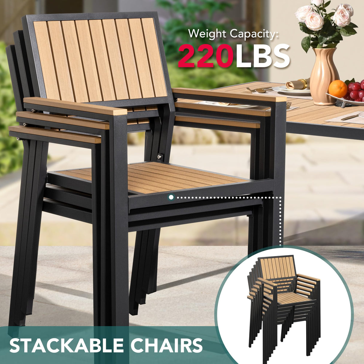 Pamapic 8-Piece Patio Dining Set，Outdoor Aluminum Furniture Set with Plastic-Wood Table Top,Outdoor Furniture Set with 6 Outdoor Stackable Chairs for Patio Garden Poolside (Teak) Pamapic