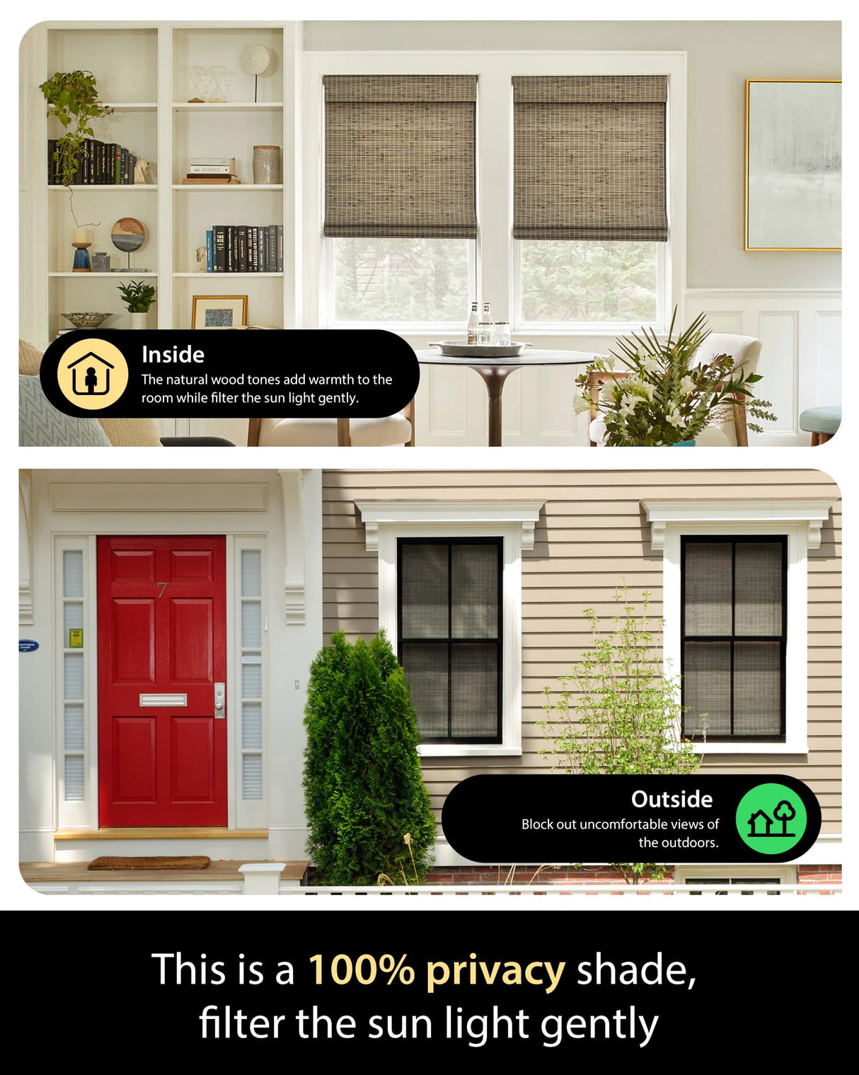UNISHADES Cordless Bamboo Roman Shades for Windows, Size (34" W × 64" H) Colour (BDP-Driftwood) UNISHADES