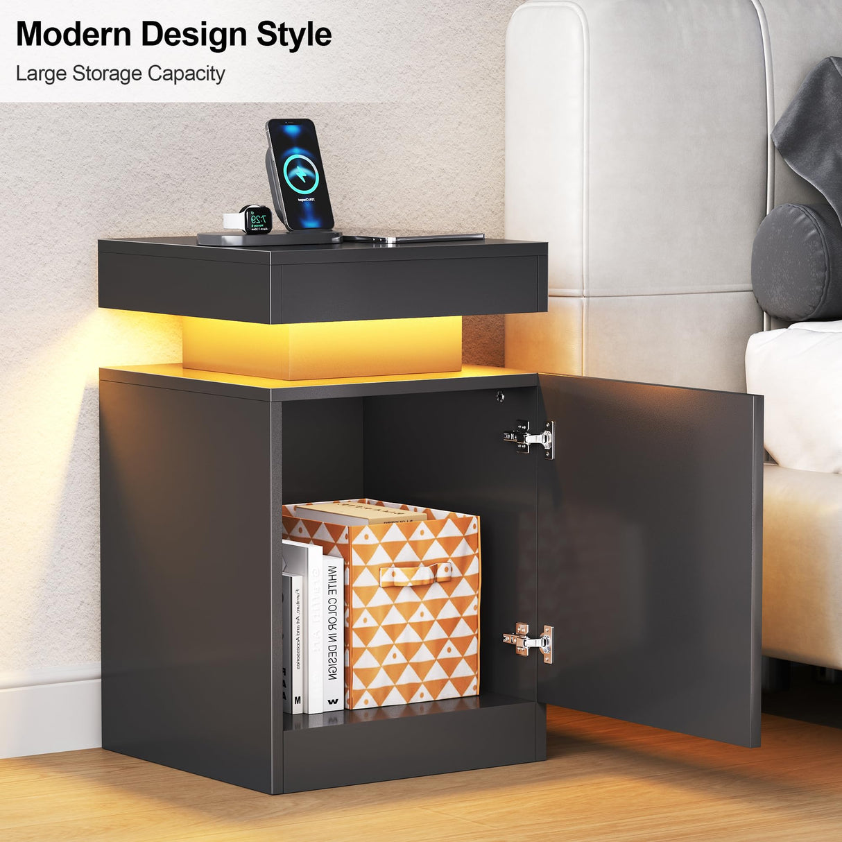 MXV Nightstand Set of 2 with LED Lights,Night Stand with Storage Cabinet for Bedroom,Bedside Table with LED (Black, 15" / Set of 2) MXV