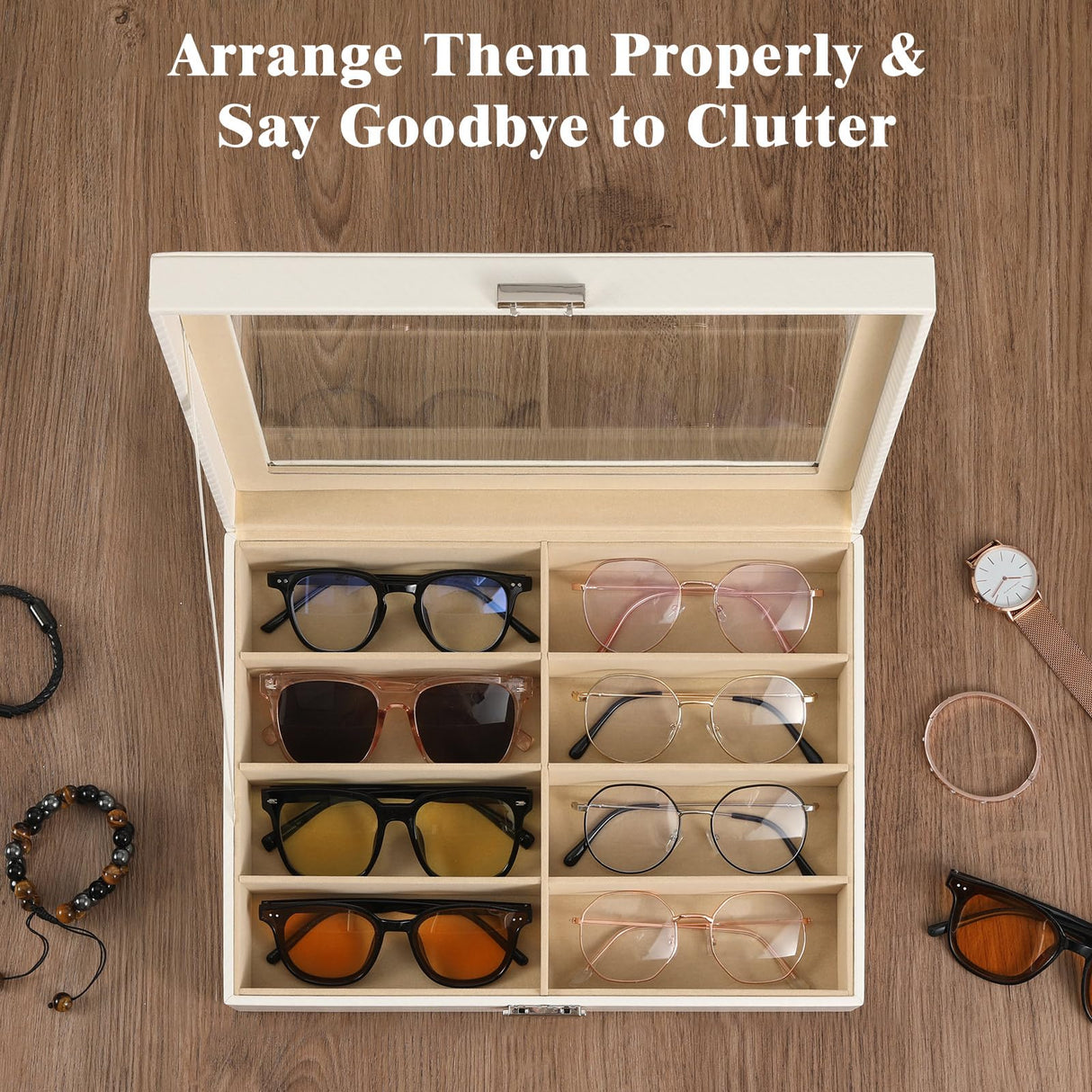 MoKo Sunglasses Organizer with 8 Slots, Leather Sunglass Display Collection Holder Case with Drawer Clear Glass Lid, Lockable Eyeglass Glass Jewelry Watch Storage Box for Women Men, White MoKo