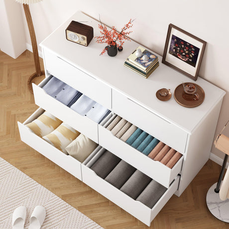 Gizoon 6 Drawer Double Dresser for Bedroom with Anti-Tip Design, Modern Wide Wooden Chest of Drawers with Cut-Out Handles, Closet Storage Organizer and TV Stand for Living Room, Hallway, Entryway Gizoon
