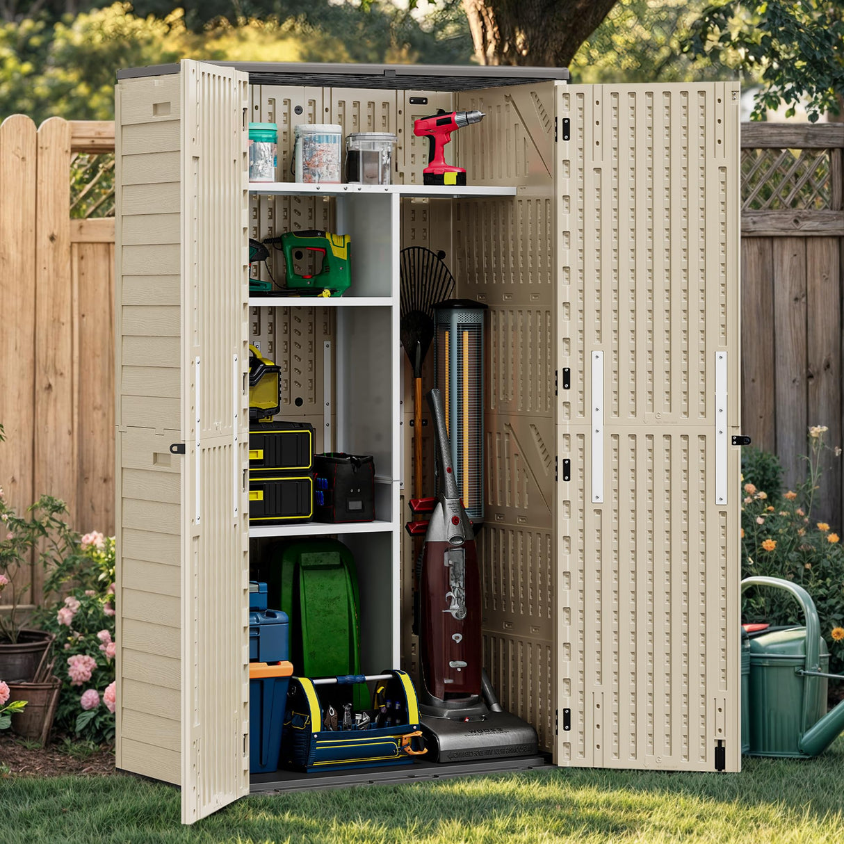 YITAHOME 60 cuft Vertical Outdoor Storage Shed w/o Shelf, Large Waterproof Storage Cabinet for Garden Shed, Tall Outdoor Storage Shed for Garage, Pool Storage, Resin, Lockable, Khaki & Brown YITAHOME