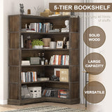 TVU Wood Corner Book Shelf, 5 Tier 65 Inch Tall Bookshelf with Storage, Floor Standing Display Book Shelf for Living Room, Kitchen, Home Office, Rustic Brown TVU