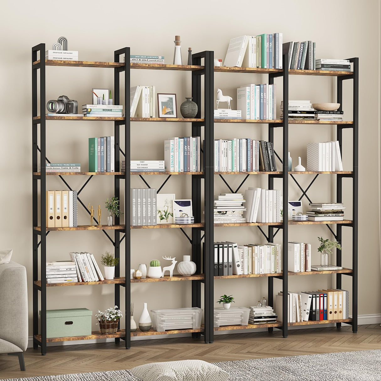 oneinmil Bookshelf 6 Tier, 71.5'' Industrial Wood Bookshelves, Book Shelf with 12 Open Display Shelves & Metal Frame, Tall Bookcase for Home and Office, Rustic Brown oneinmil