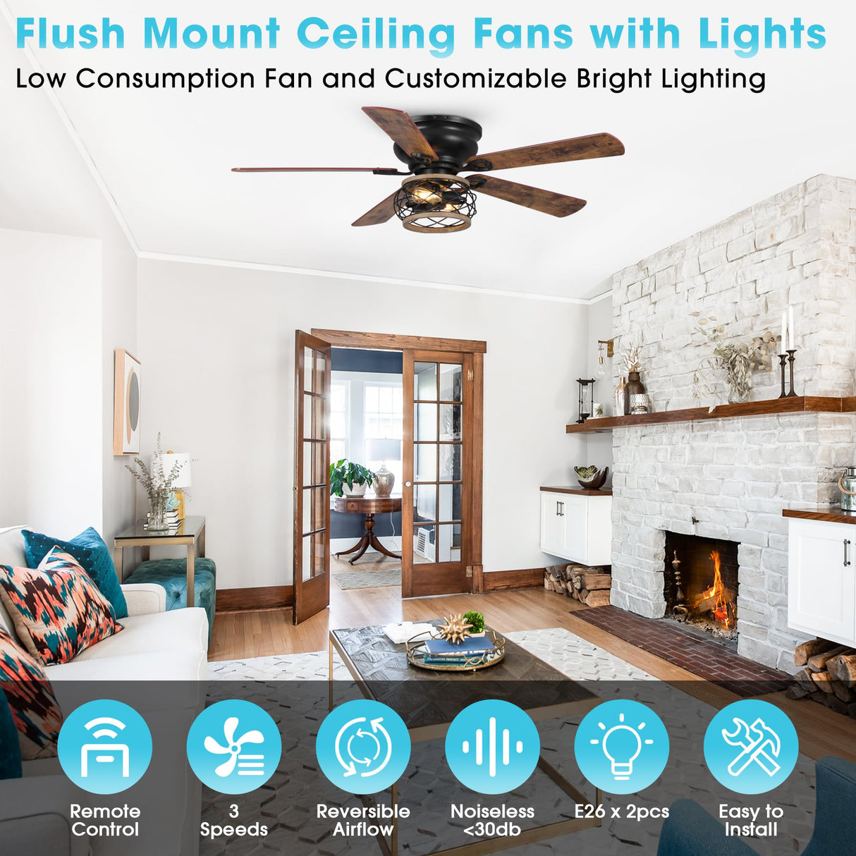 Parrot Uncle Low Profile Ceiling Fans with Lights and Remote, 48 Inch Black Ceiling Fan with Light Flush Mount Farmhouse Rustic Hugger Fan for Bedroom, Reverse Airflow, Timer, FREE Replacement Parrot Uncle