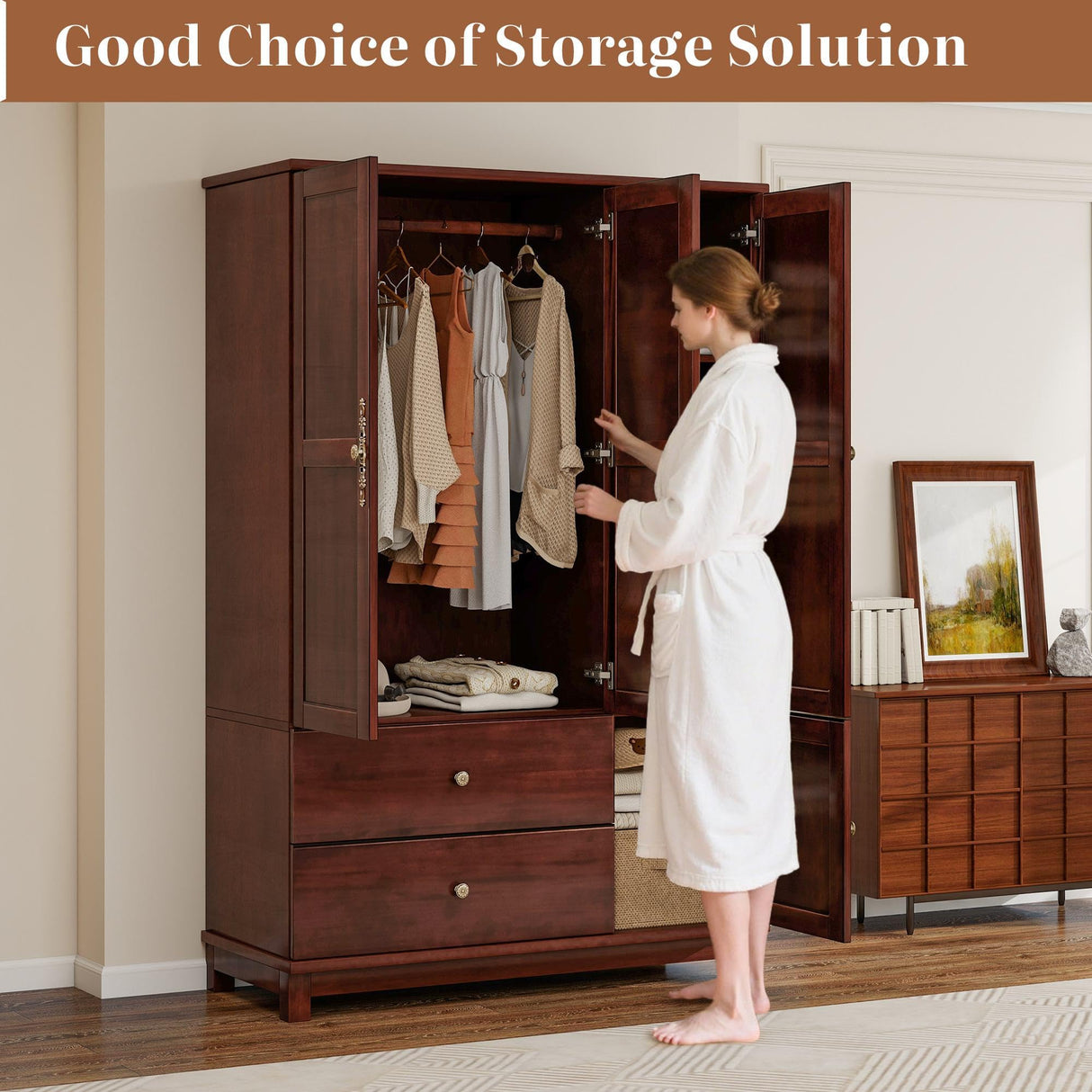 Tafeumob Solid Wood Armoire Wardrobe: 3 Doors Solid Wood Bedroom Armoires with Hangingrod Clothes Organizer Cabinet Storage with 2 Drawers Brown Finish 46.3" L x 19.69" W x 70.87" H Tafeumob