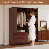 Tafeumob Solid Wood Armoire Wardrobe: 3 Doors Solid Wood Bedroom Armoires with Hangingrod Clothes Organizer Cabinet Storage with 2 Drawers Brown Finish 46.3" L x 19.69" W x 70.87" H Tafeumob