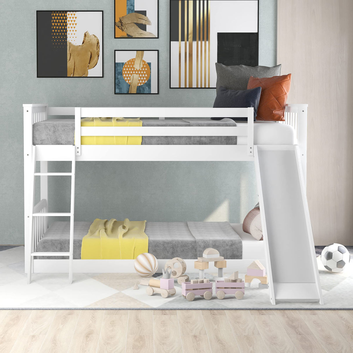Bellemave Twin Over Twin Low Bunk Bed with Slide and Ladder, Low Bunk Bed for Kids, Girls, Boys, Floor bunk Bed, White Bellemave