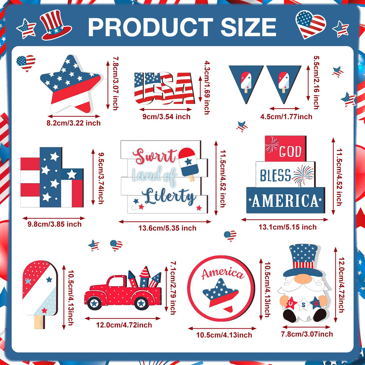 FairySandy 15 Pcs 4th of July Tiered Tray Decor Patriotic Table Decoration Memorial Day Independence Day Wooden Sign Red White Blue Gnome USA Flag Tiered Tray Decor Set for Home Table FairySandy