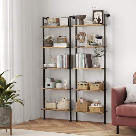 Acovy 5-Tier Rustic Wooden Ladder Shelf - Wall-Mounted Storage Rack for Living Room and Bedroom Acovy