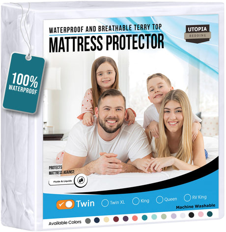 Utopia Bedding Waterproof Mattress Protector Twin Size, Premium Terry Mattress Cover 200 GSM, Breathable, Fitted Style with Stretchable Pockets (White) Utopia Bedding