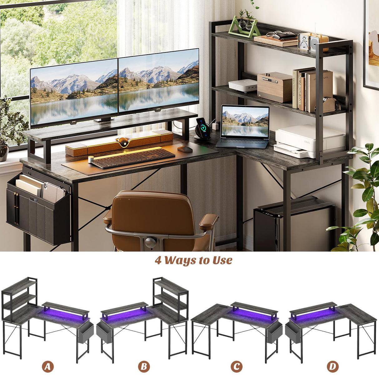 Homieasy 47 Inch L Shaped Computer Desk with Bookshelf & LED Light, Reversible Corner Gaming Station in Black Oak Homieasy