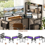 Homieasy 47 Inch L Shaped Computer Desk with Bookshelf & LED Light, Reversible Corner Gaming Station in Black Oak Homieasy