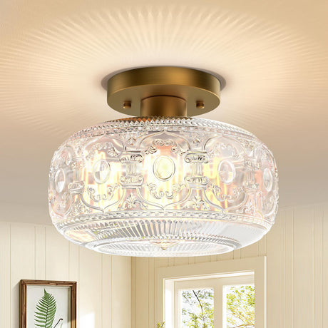 OYKYOHEI Semi Flush Mount Ceiling Light, Gold Vintage Kitchen Ceiling Light Fixture, Globe Glass Close to Crystal Modern Lighting for Hallway Bathroom Bedroom Porch Entryway, Bulb Not Included OYKYOHEI