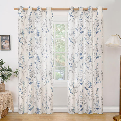 BGment Linen Curtains for Living Room 84 Inch Length 2 Panels Set Floral Leaf Patterns, Light Filtering Privacy Window Curtains for Bedroom Boho Farmhouse Vintage, Each 52 Inch Wide, Navy BGment