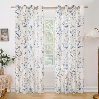 BGment Linen Curtains for Living Room 84 Inch Length 2 Panels Set Floral Leaf Patterns, Light Filtering Privacy Window Curtains for Bedroom Boho Farmhouse Vintage, Each 52 Inch Wide, Navy