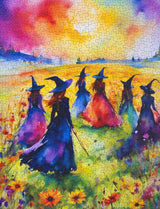 Springbok's Witches Gathering 500 Piece Puzzle for Adults is a Watercolor Image of Witches Gathering in a Blossoming Field Springbok