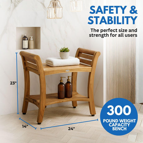 EcoDecors Symmetry 24 Inch Natural Color Waterproof Teak Wood Shower Bench Stool Seat Chair For Inside Shower Storage Shelf Provides Safety, Storage, and Organization For Bathroom Accessories EcoDecors