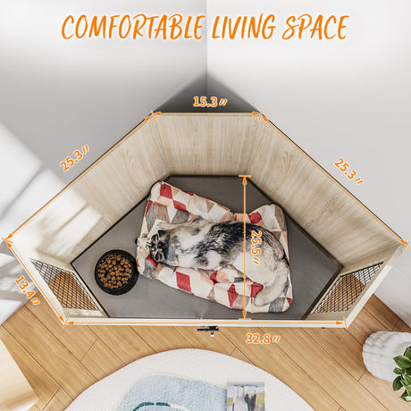 PUKAMI Corner Dog Crate Furniture,44/52inch Wooden Dog Kennel Furniture with Mesh,Decorative Wood Dog House for Indoor use,Dog Crate for Small/Medium/Large Dog,Perfect for Limited Room PUKAMI