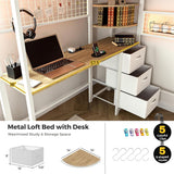 advwin Full Size Loft Bed with Desk and Stairs, Storage Drawers and Shelves, Charging Station, LED Light, Safety Guardrail & Ladders, Metal Loft Bed Frame Gaming Bed for Adult, Space-Saving, White advwin