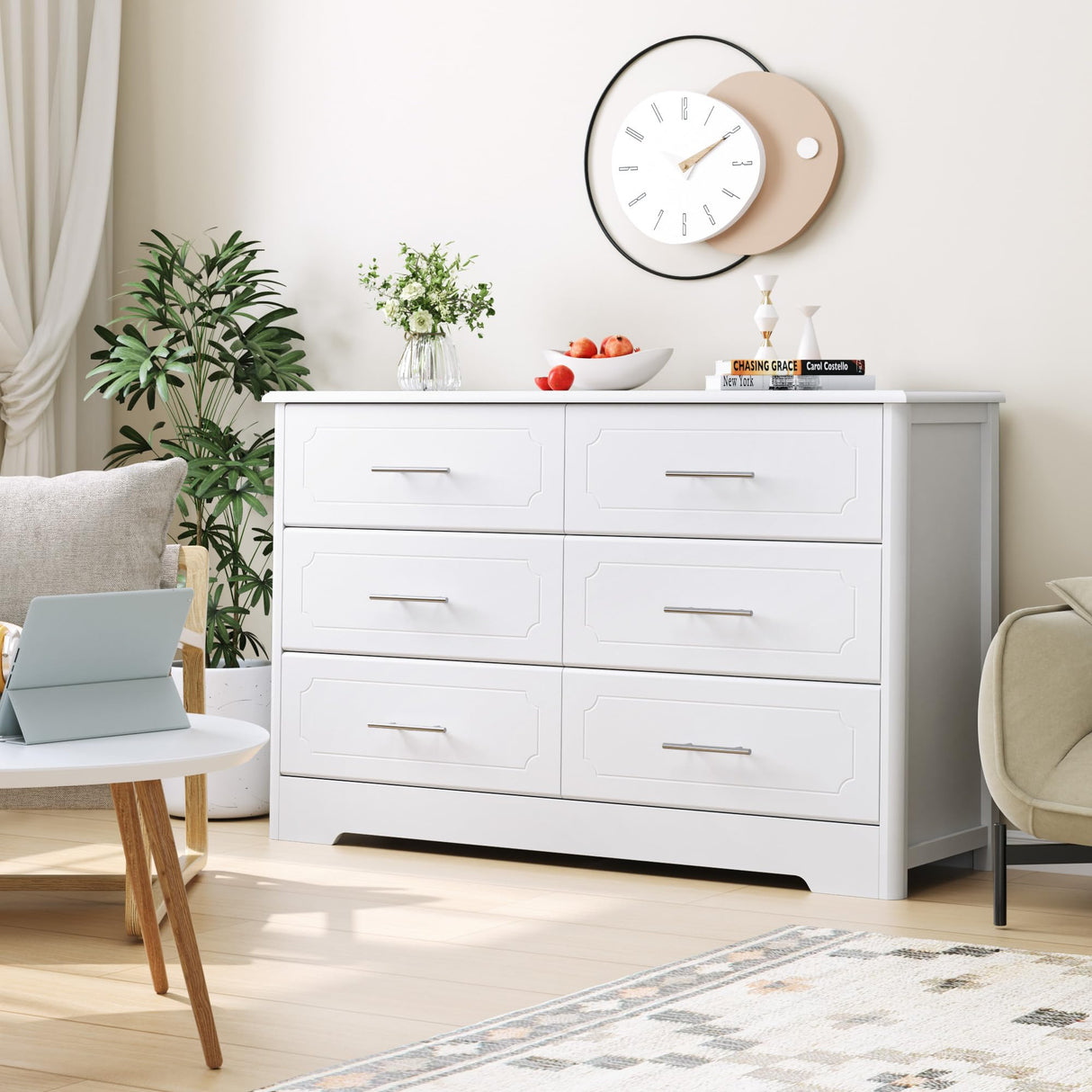 HOSATCK 6 Drawer Dresser, Modern White Wide Chest of Drawers with Metal Handels, Wood Double Dresser, Storage Chest Organizers for Living Room, HOSTACK