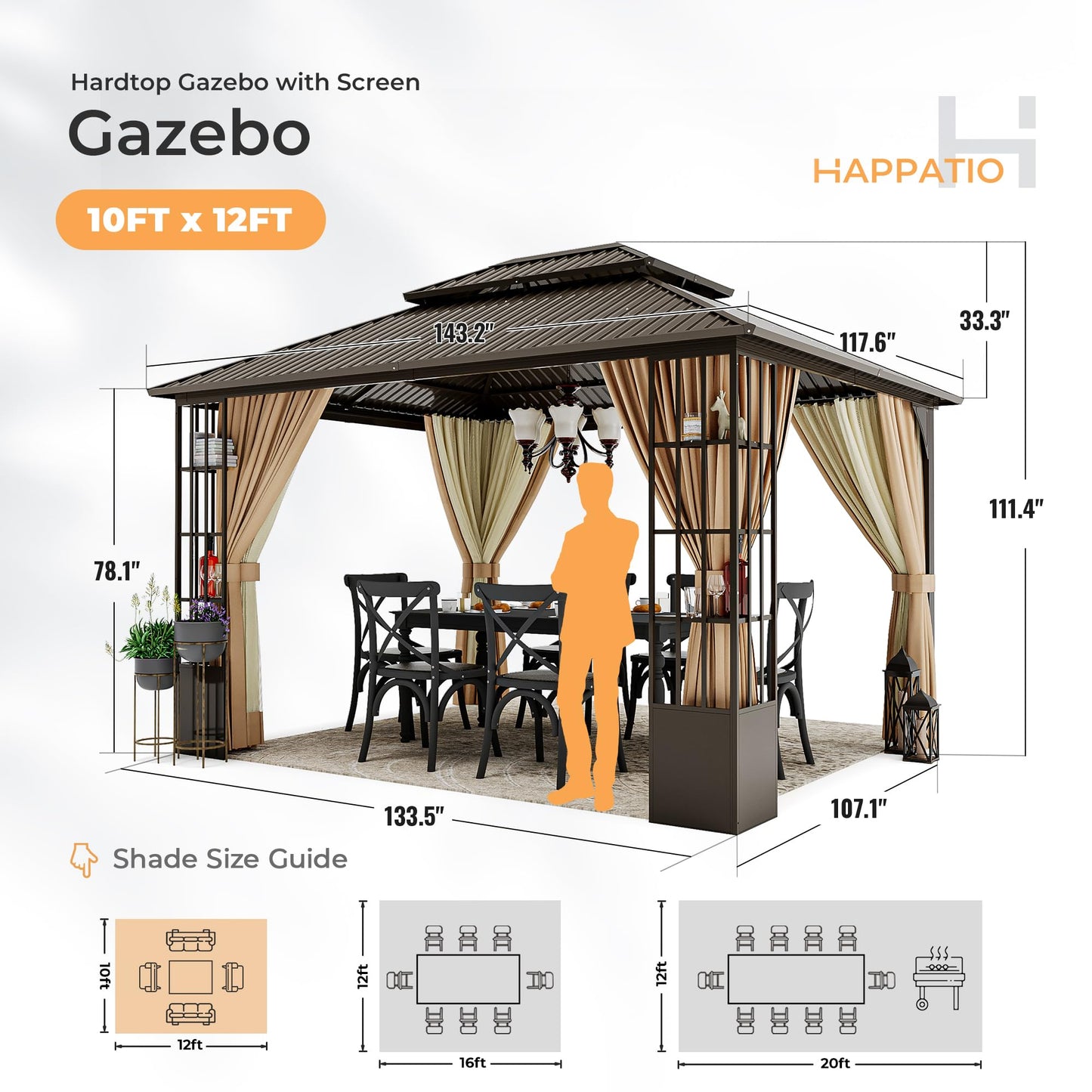 HAPPATIO 10' x 12' Hardtop Gazebo, Outdoor Gazebo with Netting and Curtains, Double Roof Permanent Patio Metal Gazebo Canopy with Storage Shelf for Patio, Deck, Backyard (Brown) - WoodArtSupply