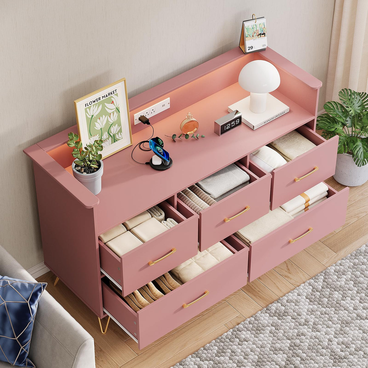 Patikuin Pink Dresser for Bedroom, 47" Wide Chest of Drawers with LED Lights, Charging Station & 5 Smooth-Sliding Drawers, Modern Wood Storage Cabinet for Entryway, Hallway, Living Room Patikuin