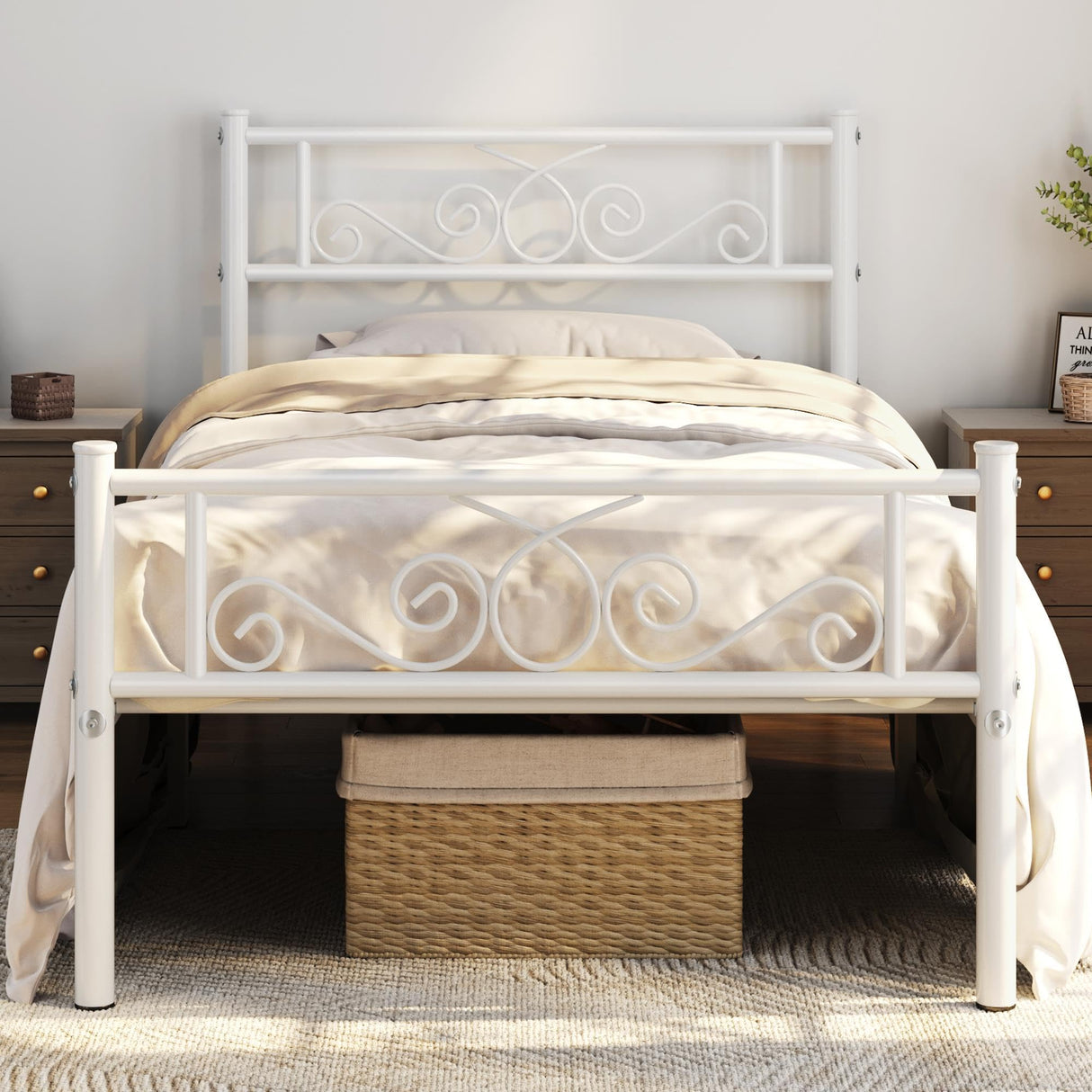 Yaheetech Twin Bed Frames Metal Platform Bed with Headboard and Footboard No Box Spring Needed Easy Assembly,Under-Bed Space: 12.6''/White/Twin Bed Yaheetech