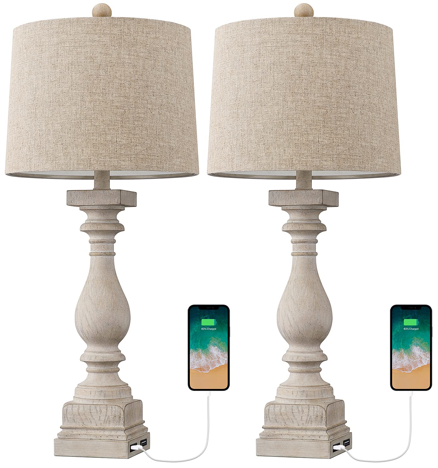 BOBOMOMO 27.75" Table Lamp with USB C+A Charging Ports Set of 2 Antique Nightstand Lamp for Bedroom Living Room Farmhouse Office Retro Rustic Resin Bedside Desk Lamps Washed White - WoodArtSupply